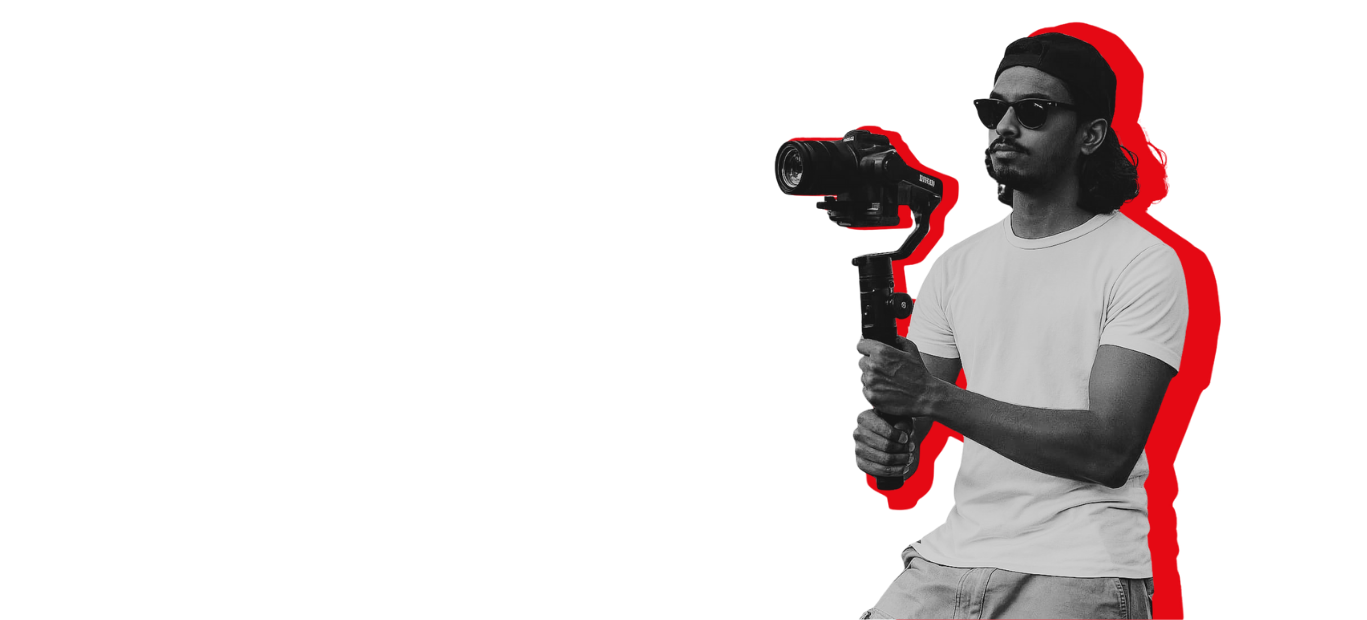 Digital content specialist filming with professional camera and gimbal, wearing sunglasses and cap, isolated on black background with red outline