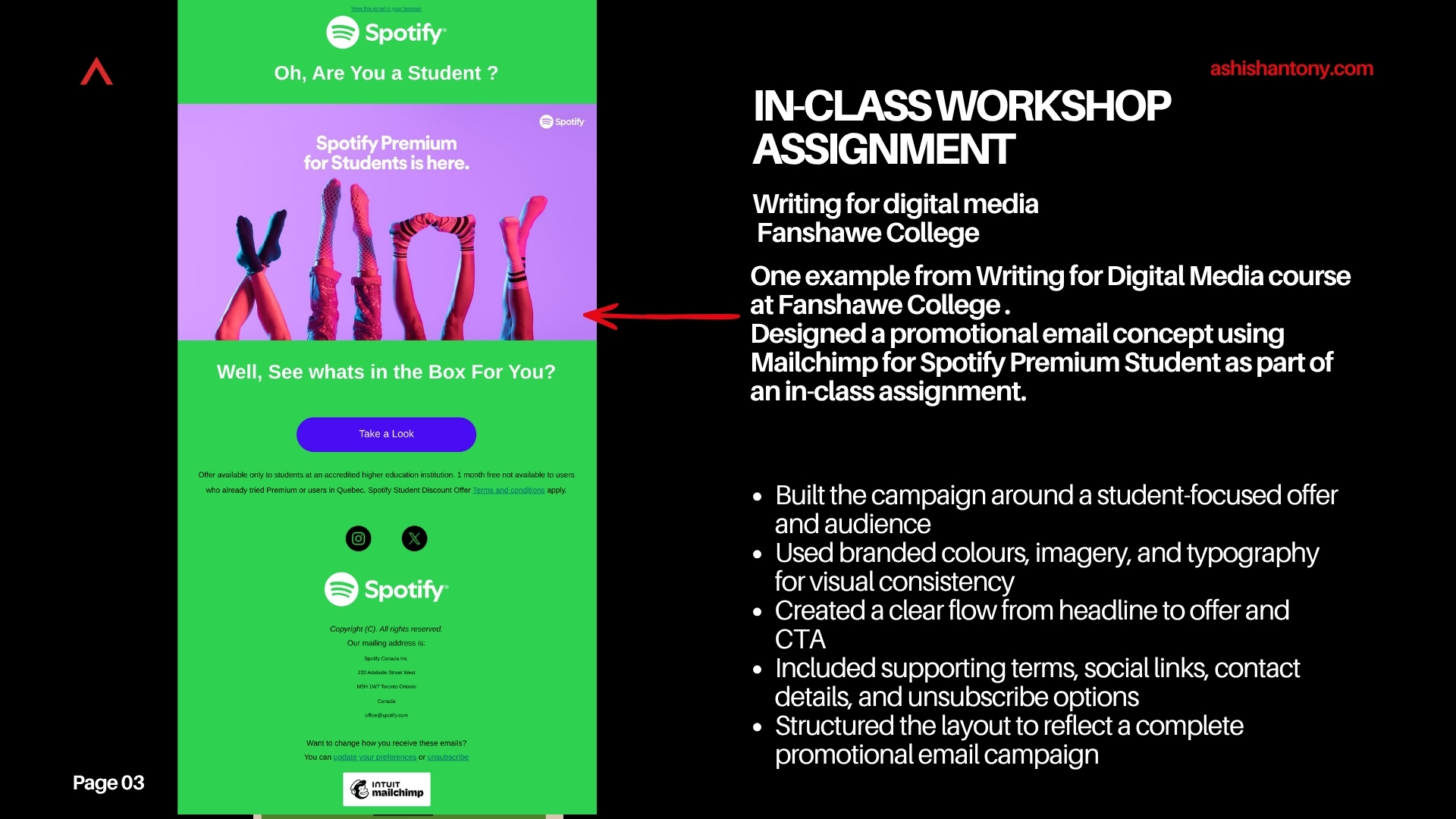 Portfolio slide featuring a Spotify Premium Student promotional email beside a summary of the in-class assignment, including student-focused messaging, branded visuals, clear CTA flow, supporting terms, social links, contact details, and unsubscribe options.